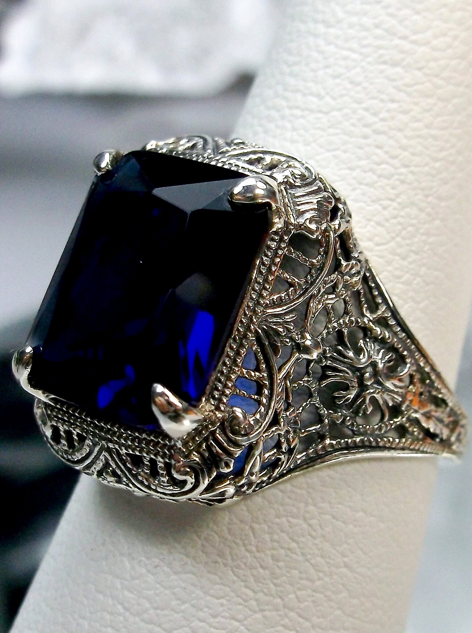 Sapphire Ring, 5ct Oval Simulated Blue Gem, Sterling Silver Floral Victorian Filigree custom Made Autumn Design200 - Etsy Sapphire Ring, 5ct Oval Simulated Blue Gem, Sterling Silver Floral Victorian Filigree custom Made Autumn Design200 - Etsy