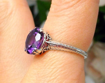 Purple Amethyst Ring |  Size 10 | Simulated Gem Sterling Silver 925 Filigree Solitaire (Design#12)
