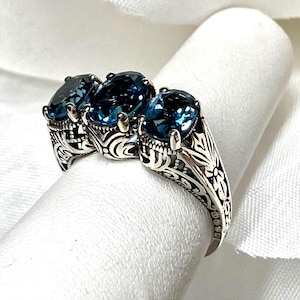 Natural London Topaz Ring/ Sterling Silver/ 2.6ctw Gemstones 3Gem Trinity Art Deco/Edwardian Filigree [Custom Made] Design#41