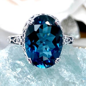 London Blue Ring/ Sterling Silver/ 7ct Oval Sim or Natural London Blue Topaz Floral Art Deco Edwardian Filigree [Made To Order] Design#70