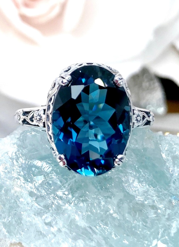 London Blue Ring • Sterling Silver • 7ct Oval Topaz gemstone • Floral Filigree Edwardian • Made to Order | Antique Design#70