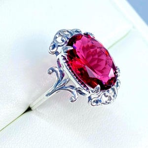 Red Ruby Ring Sterling Silver/ 5ct Oval Cut Simulated or Lab Red Ruby Sterling Silver Gothic Leaf Filigree [Made To Order] Design#84