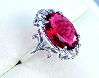 Red Ruby Ring Sterling Silver/ 5ct Oval Cut Simulated or Lab Red Ruby Sterling Silver Gothic Leaf Filigree [Made To Order] Design#84