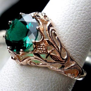Natural Emerald Ring/ Rose Gold plated Sterling Silver/ Round Cut Natural Green Emerald Art Nouveau Daisy Filigree [Custom Made] Design#66