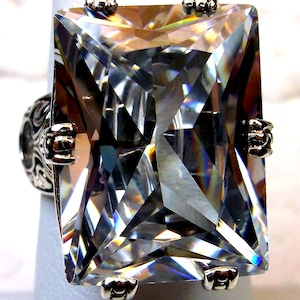 Big Sparkling CZ Ring | Sterling Silver | Sparkle Rectangle 30ct Huge CZ Gem | Art Deco 1930s Style Filigree [Custom Made] Design#104