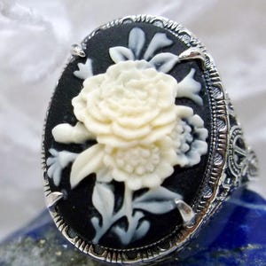 Cameo Ring/ Butterfly, Rose Flower, Lady Silhouette, Sterling Silver Victorian/Deco Filigree [Made To Order] Antique Design#230 Black Flower Cameo