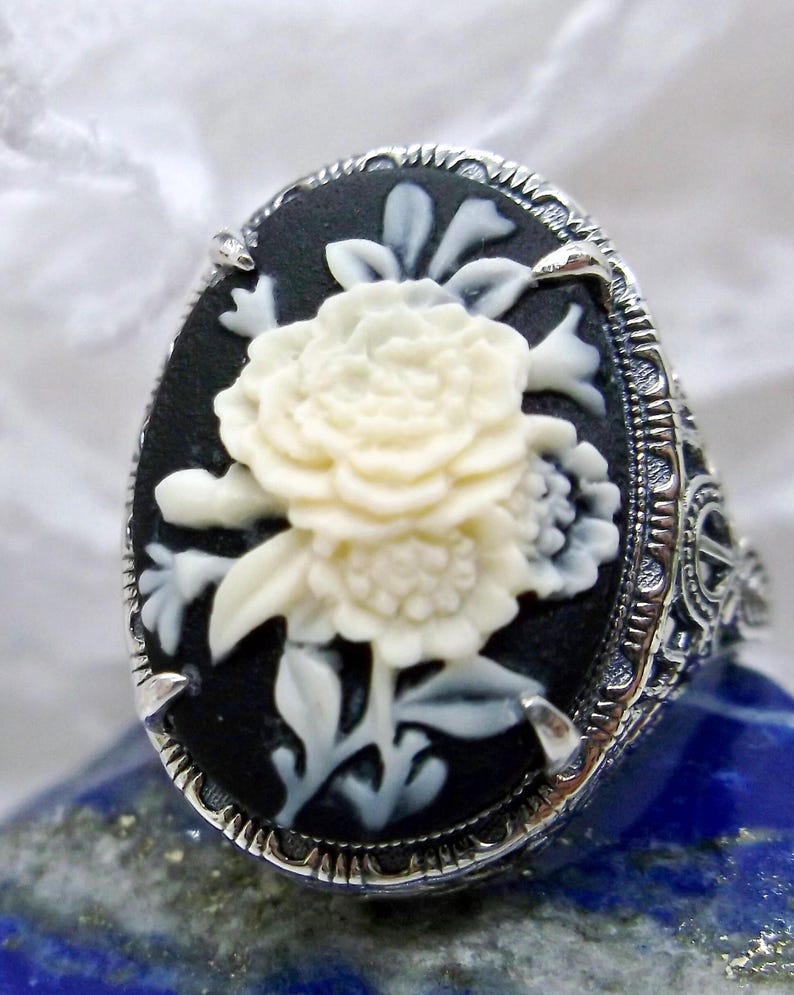 Cameo Ring/ Butterfly, Rose Flower, Lady Silhouette, Sterling Silver Victorian/Deco Filigree [Made To Order] Antique Design#230 Black Flower Cameo