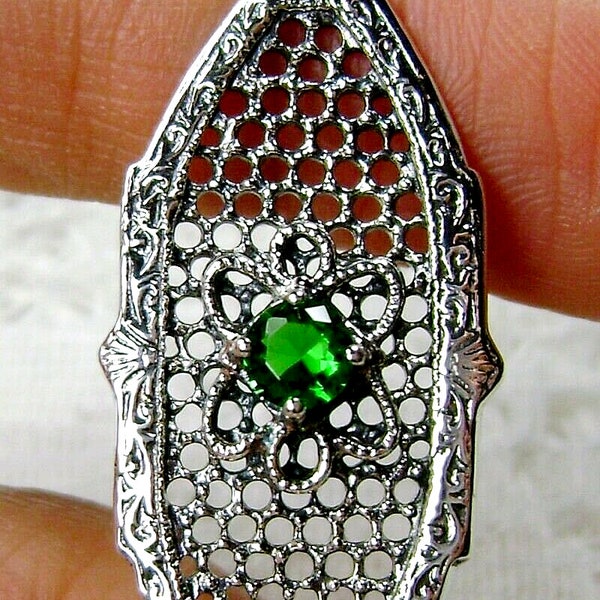 Emerald Pendant/ Sterling Silver/ Simulated Green Emerald, Victorian Filigree Jewelry/Vintage Style Art Deco [Custom Made] Design#P20