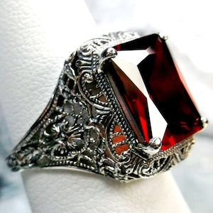 Garnet Ring 925 Sterling Silver | 5ct Rectangle Cushion Cut Red CZ Gemstone Floral Victorian Filigree [Made To Order] Autumn Design#200