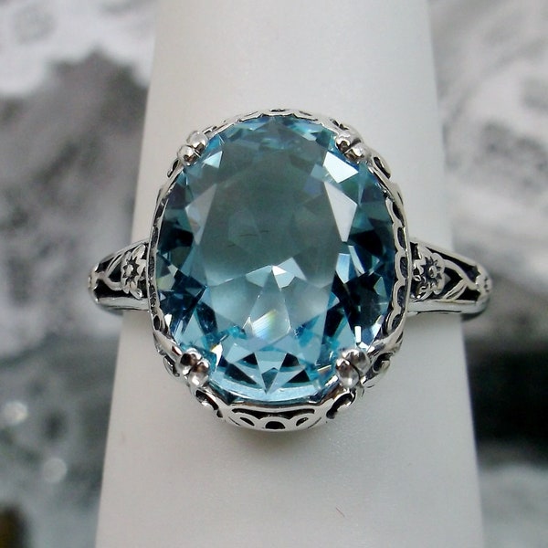 Aquamarine Ring/ Sterling Silver/ 4ct Oval Aqua/Sky Blue Gemstone Floral Art Deco Edwardian Filigree [Custom Made] Design#70z