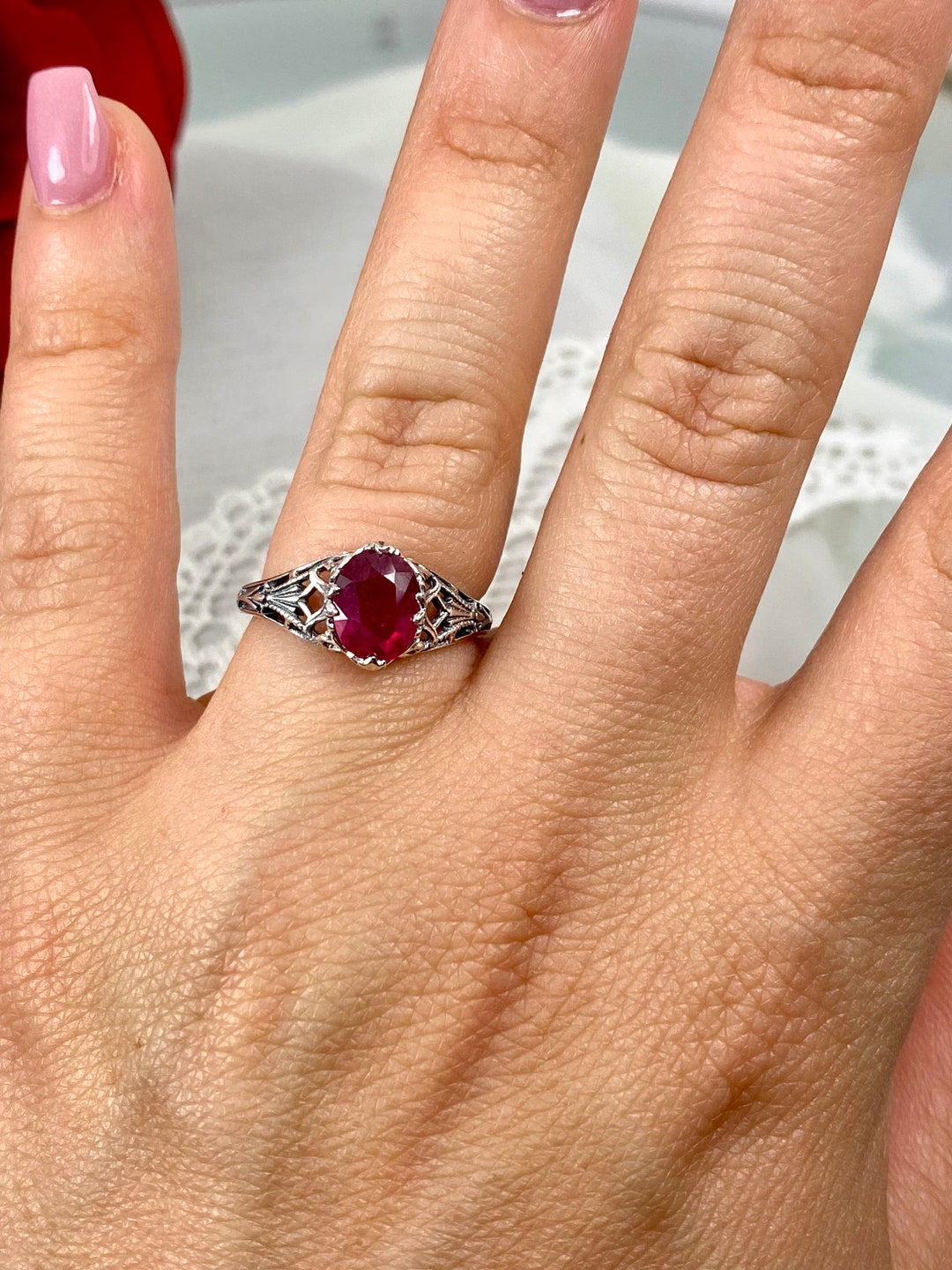 Small Ruby Silver Ring Natural Ruby Ring Small Oval Gem With