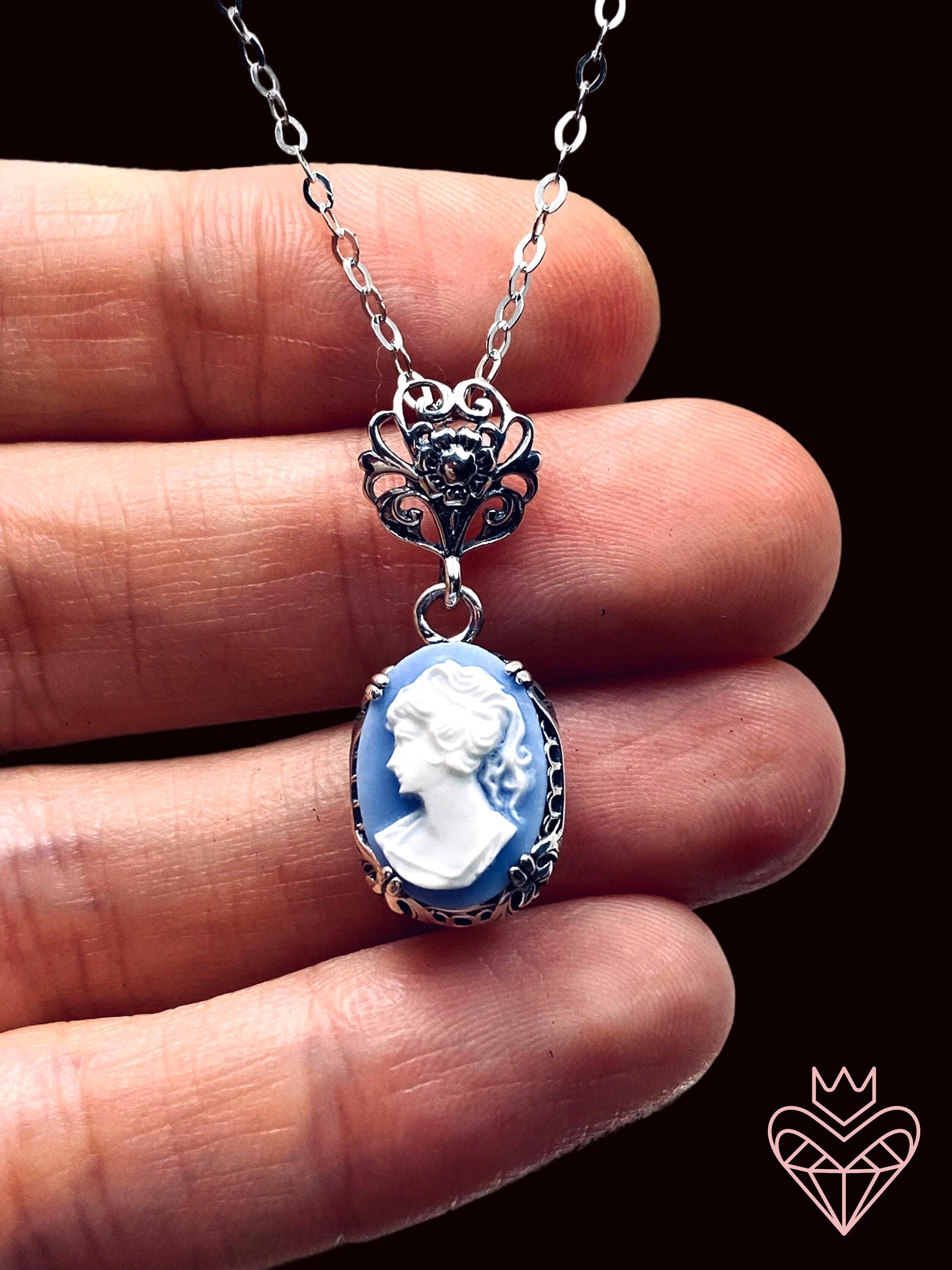 Cameo Blue & White Lady Silhouette Necklace/ Sterling Silver
