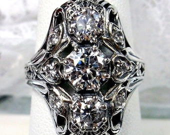 White CZ Ring/ Sterling Silver/ 9Gem White Cubic Zirconia 1930s Art Deco Gatsby Design Filigree [Made To Order] Design#69