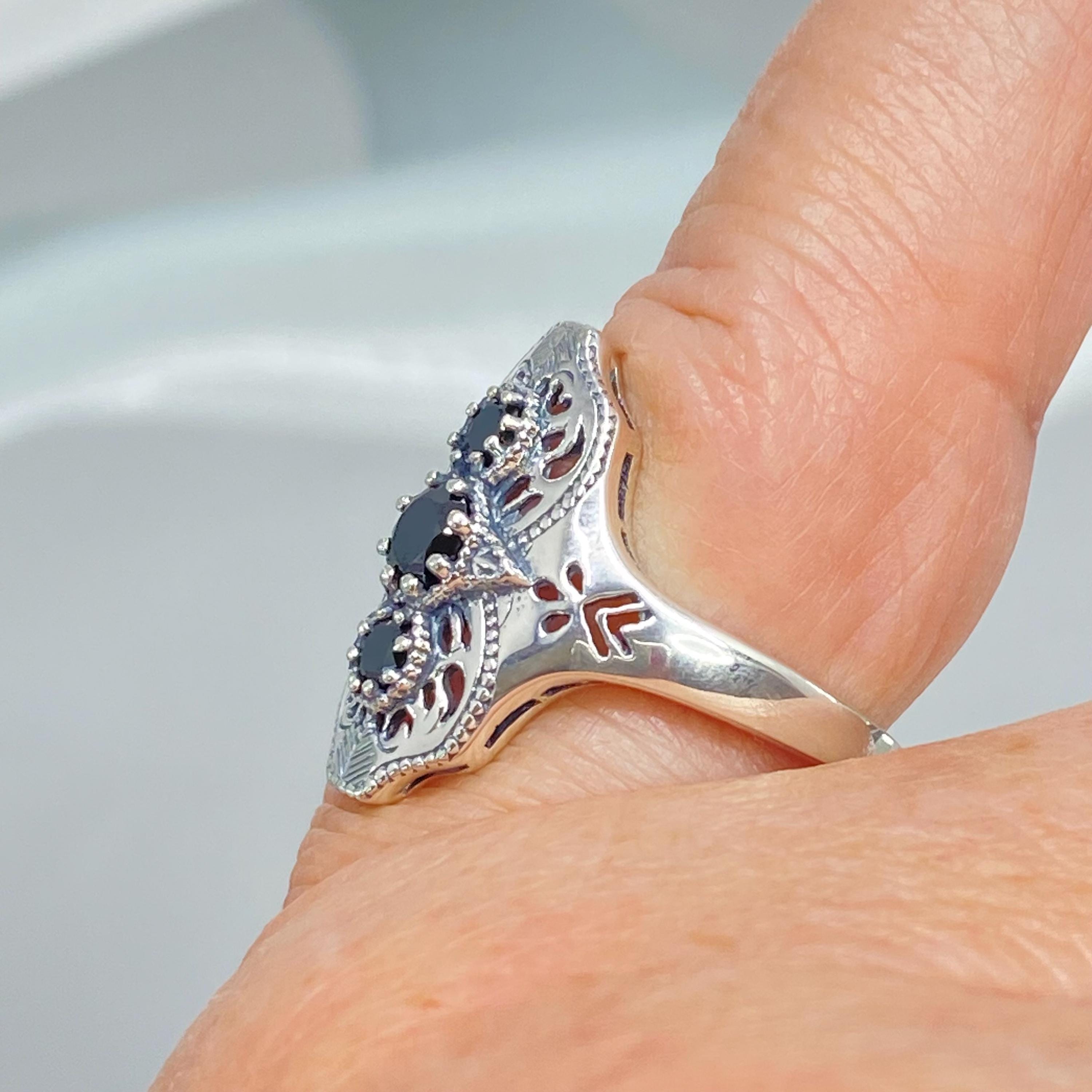 ブラックCZスターリングシルバーリング：アールデコギャツビー