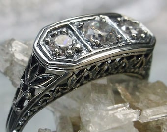 White CZ Ring Size 5/ Sterling Silver/ Cubic Zirconia Leaf Lilly Art Deco/Edwardian Filigree [Ready to Ship] Design#197