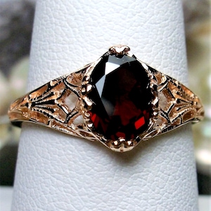 Natural Red Garnet Ring / Oval Faceted Solitaire Gem with Rose Gold plated Victorian Filigree [Made to Order] Design#D56