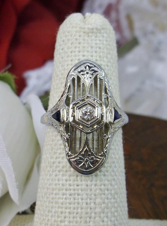 Antique Diamond Ring/ Sapphire Art Deco 18K White Gol… - Gem