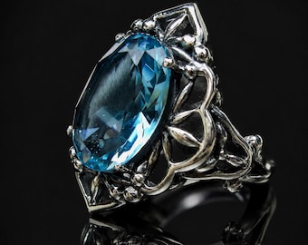 Akvamarinblå ring | Sterlingsilver | 6 karat oval slipad simulerad akvamarin eller naturlig blå topas mesh gotisk filigran [Skräddarsydd] Design #98