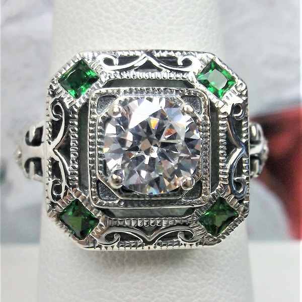 Emerald And White CZ Gemstone Ring Sterling Silver Sim Emerald & CZ 1930s Art Deco Gatsby Filigree [Made To Order] Design#68