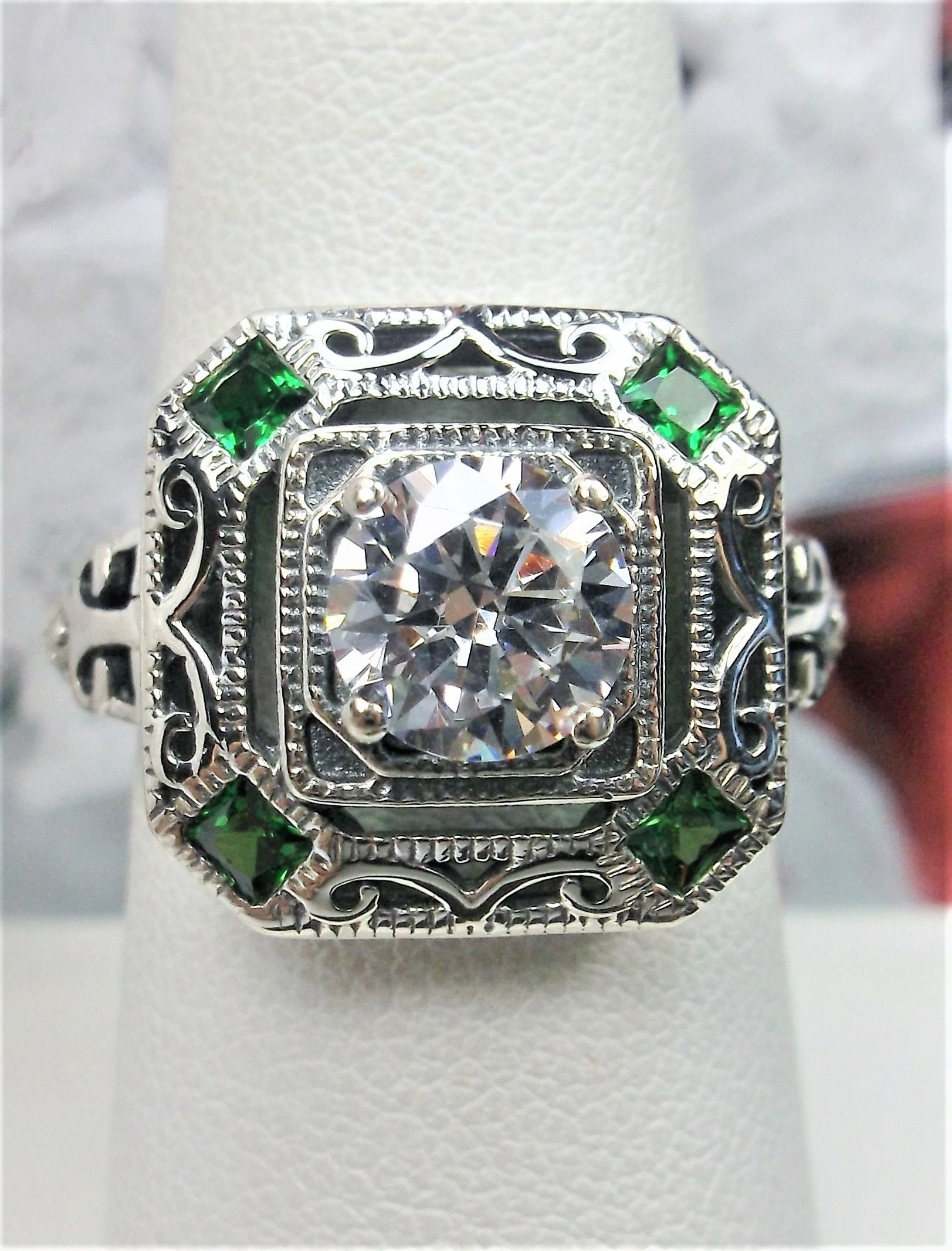 Emerald And White CZ Gemstone Ring Sterling Silver Sim Emerald - Etsy 日本