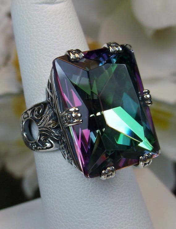 Emerald Cut Mystic Topaz Silver Ring