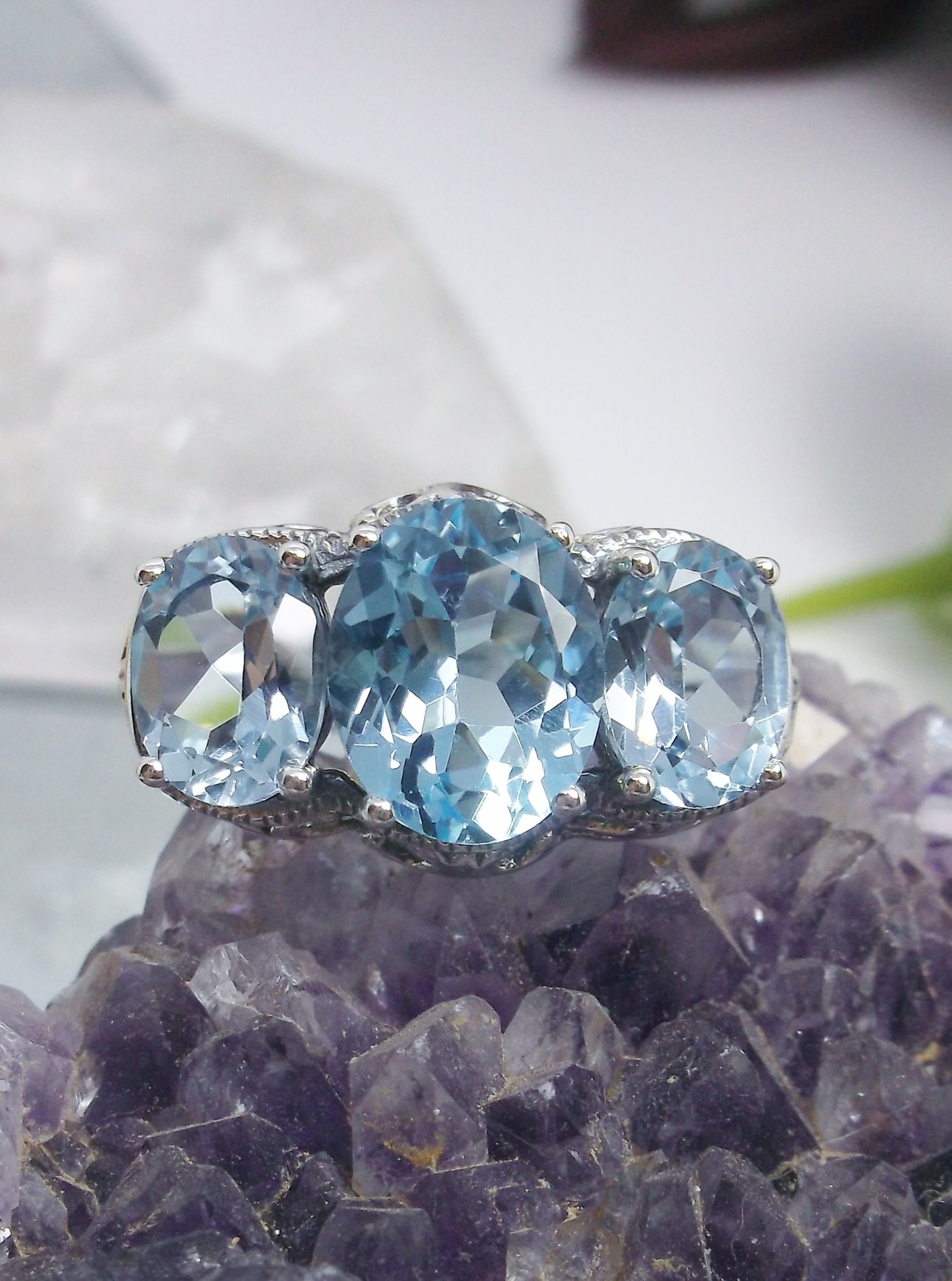 Natural Topaz Ring/ Solid Sterling Silver/ 3-Gem Oval Cut | Etsy