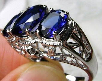 Blue Sapphire Ring | Size 10 | Sterling Silver 925 Oval Cut 3-Gem Simulated Blue Sapphire Edwardian Filigree [Ready to Ship] Design#36