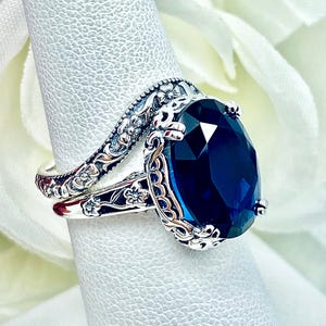Sapphire Blue Ring & Floral Band Set/ Sterling Silver Ring /Simulated Gem Solitaire Vintage Matching Set [Custom Made] Design#70
