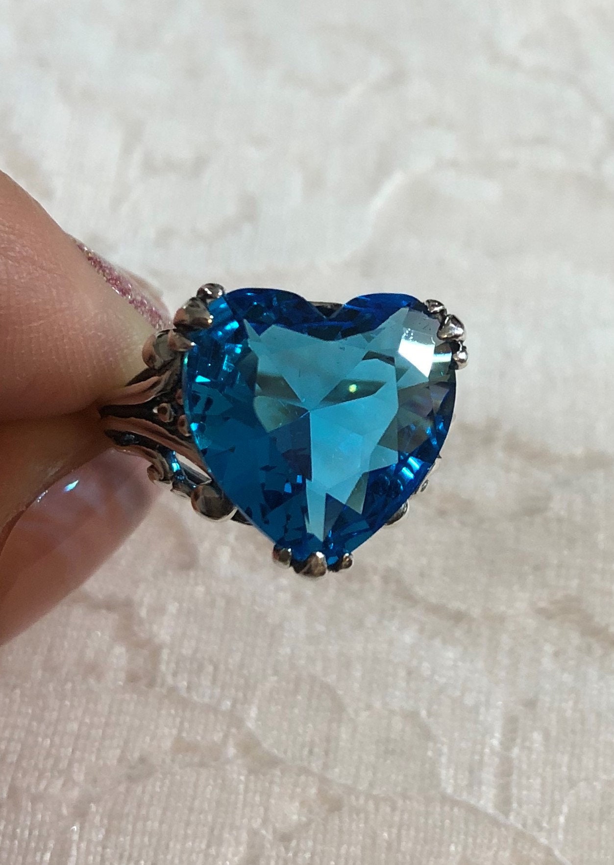 Swiss Blue Topaz Ring/ Solid Sterling Silver/ Heart Leaf Claw | Etsy