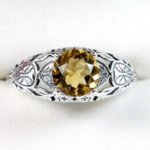 Natural Citrine Ring Solid Sterling Silver .52ct Natural Yellow Citrine Edwardian Etched Wedding Filigree [Custom Made] Design#160