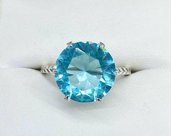 Sky Blue Gemstone Ring, Size 7 / Simulated 5ct Aquamarine with Sterling Silver Edwardian 1910 Etched Filigree [In Stock] Design#37