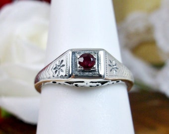 Natural Ruby Ring/ Solid Sterling Silver/ Antique Art Deco Wedding Natural Ruby Silver Filigree Ring [Made To Order] Design#155