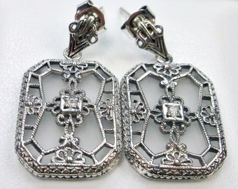 Camphor Glass Earrings/ Solid Sterling Silver/ Frosted Camphor Glass, Art Deco 1930's Filigree [Custom Made] Design#E203