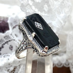Camphor Ring/ Sterling Silver/ Carved Black Glass, CZ, Moissanite or Diamond Inset Gem, Edwardian Floral Filigree [Custom Made] Design#232