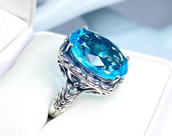 Bague En Argent Sterling 925 Plaqué Or 24K Saphir Bleu 9,08 Ct - Taille 6, Vintage