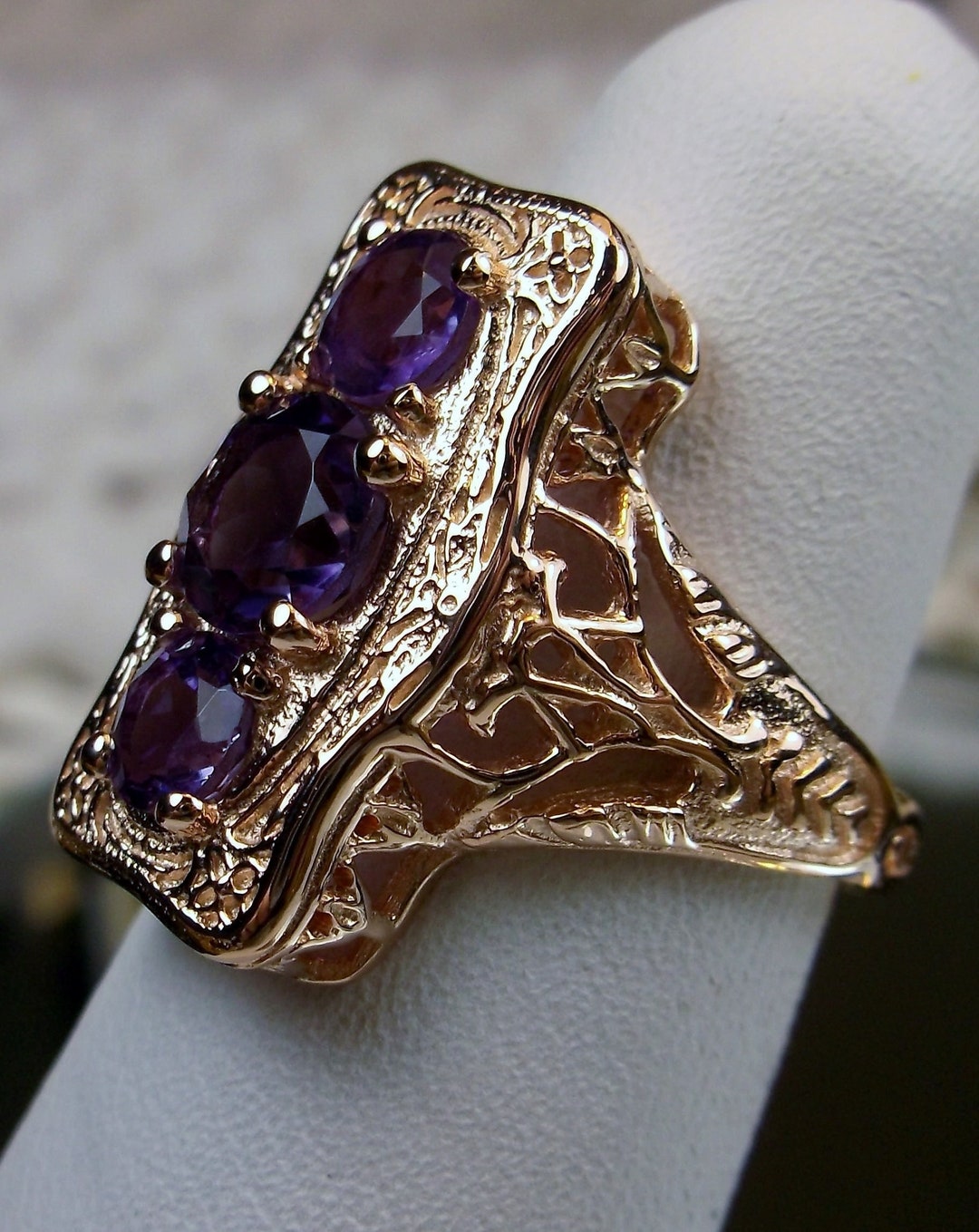 Natural Amethyst Gold Ring/ 14k Gold/ 3 Stone Natural Purple - Etsy