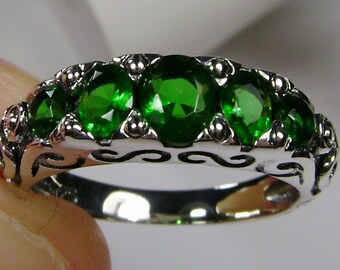 Emerald Ring/ Solid Sterling Silver / 2ctw Simulated or Natural Green Emerald 5-stone Georgian Victorian Filigree [Made To Order] Design#19