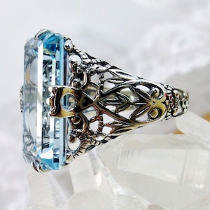 Aquamarine Ring / Baguette Cut 7ct Gem with Antiqued Sterling Silver Victorian Filigree [Custom Made] Intaglio Design#31