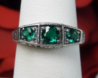 Natural Emerald Ring/ Solid Sterling Silver/ Genuine 3Gem Green Emerald Silver Lattice Filigree [Made To Order] Design#210