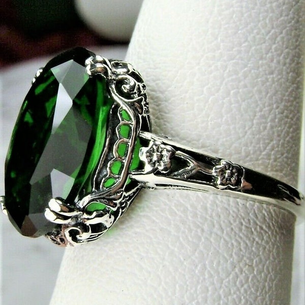 Emerald Green Gemstone Ring Sterling Silver/ 6ct Oval Simulated Emerald Silver Floral Art Deco Edwardian Filigree [Custom Made] Design#70