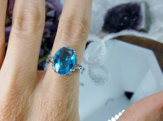 Swiss Blue Gemstone Ring/ Sterling Silver/ 6ct Oval