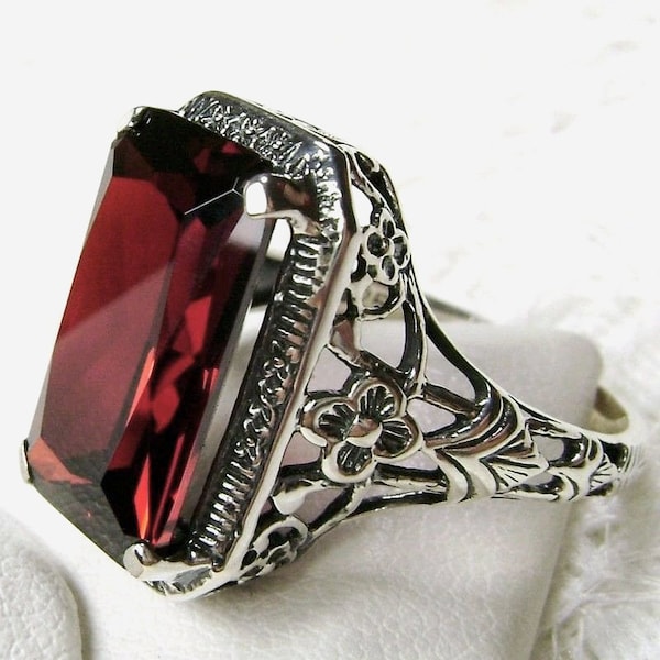 Garnet Ring Sterling Silver | 5ct Rectangle Cut Red CZ or Natural Garnet Silver Floral Flower Filigree [Made To Order] Design#64