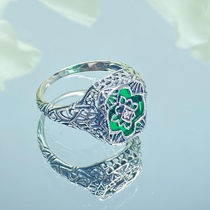 Emerald Camphor Glass & Moissanite Ring | Size 9 | Sterling Silver Green Camphor Glass Art Deco Filigree [In Stock] Design#204