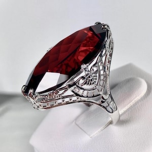 Garnet Red Ring • 13ct Marquise Cut Garnet CZ • Sterling Silver 1930s Art Deco Floral Antique Style Filigree • Made To Order | #75