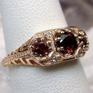 Natural Garnet Ring Rose Gold & Sterling Silver/ Natural Red Gemstone Trinity Dainty 3Stone Art Deco Filigree [Made to Order] Design#161