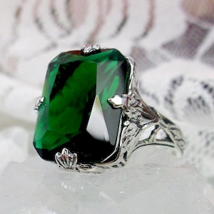 Emerald Ring/ Solid Sterling Silver/ Rectangle Simulated Green Emerald, Art Deco Filigree [Custom Made] Design#15