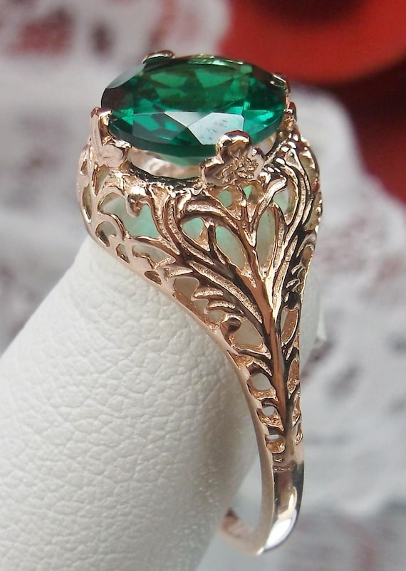 Natural Emerald Ring/ Rose Gold & Silver or 10k 14k Gold/ Victorian Treated  Natural Gemstone Leaf Filigree made to Order Design198 - Etsy