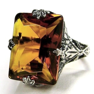 Ring citrien sterlingzilver 10 kt rechthoek geslepen gesimuleerde oranje citrien art-deco filigraan [op bestelling gemaakt] ontwerp #15