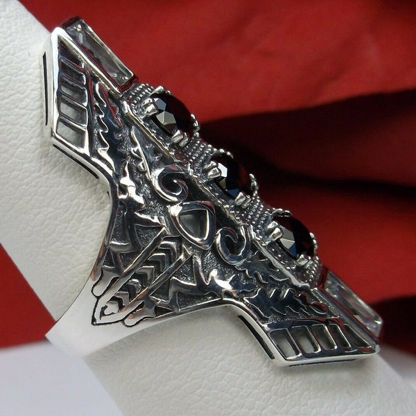 Pierścionek z cyrkoniami w kolorze czarno-białym/ Rozmiar 8/ Solidne srebro/ Czarno-biała cyrkonia sześcienna, długi, Art Deco, lata 30. XX wieku, filigran [W magazynie] Wzór nr 214