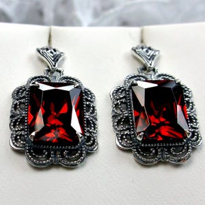 CZ oorbellen granaat/sterlingzilver/rode granaat zirkonia, zilveren korte slinger Victoriaans filigraan [op maat gemaakt] ontwerp#E8z
